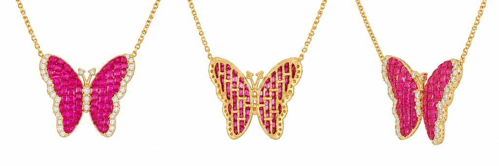 Pink Sapphire & Diamond Butterfly Necklace in 18K Yellow Gold