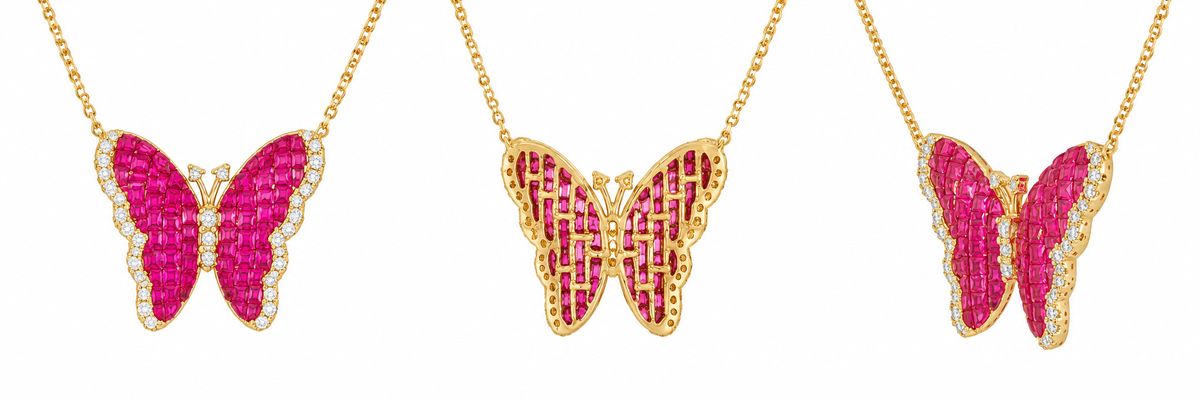 Pink Sapphire & Diamond Butterfly Necklace in 18K Yellow Gold