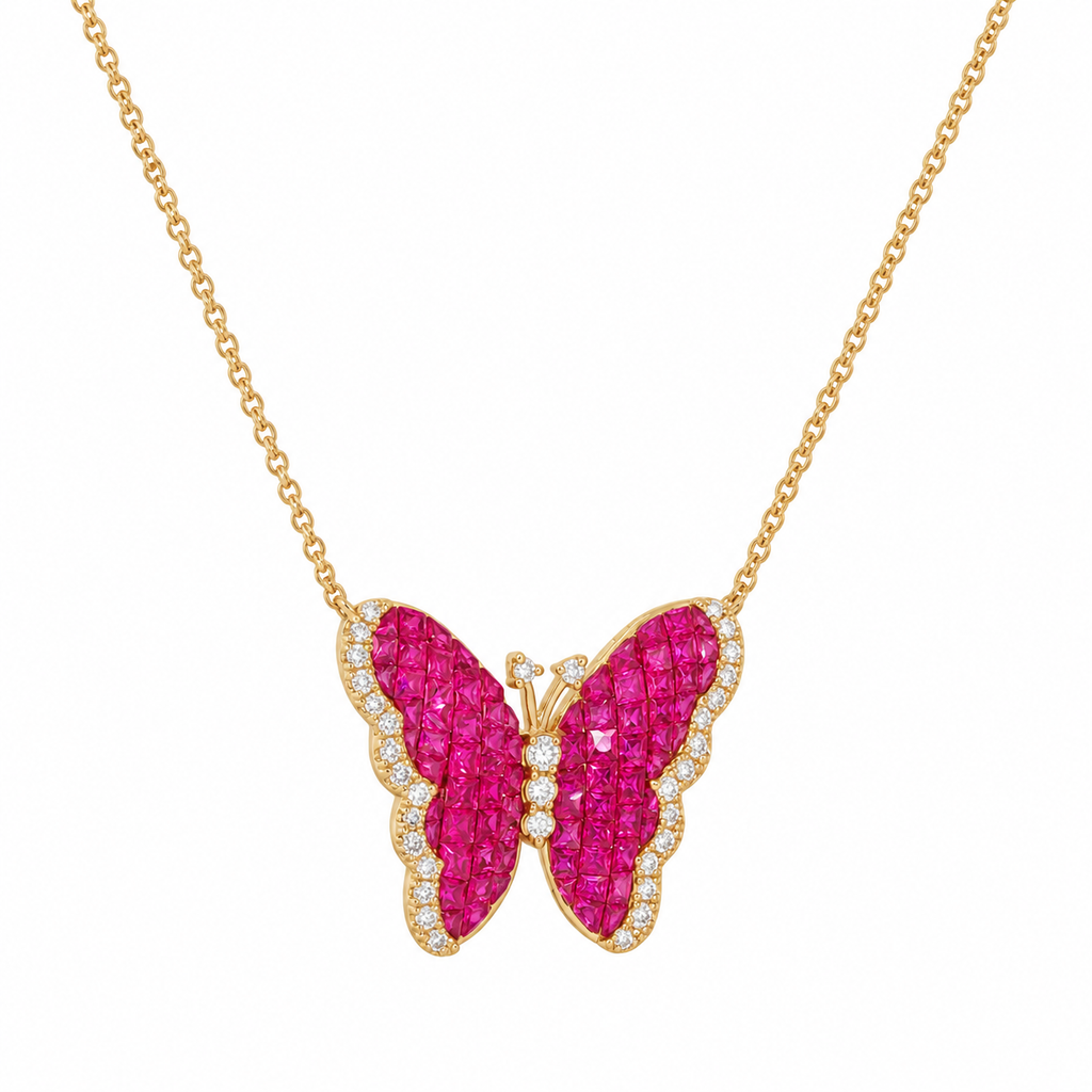 Pink Sapphire & Diamond Butterfly Necklace in 18K Yellow Gold