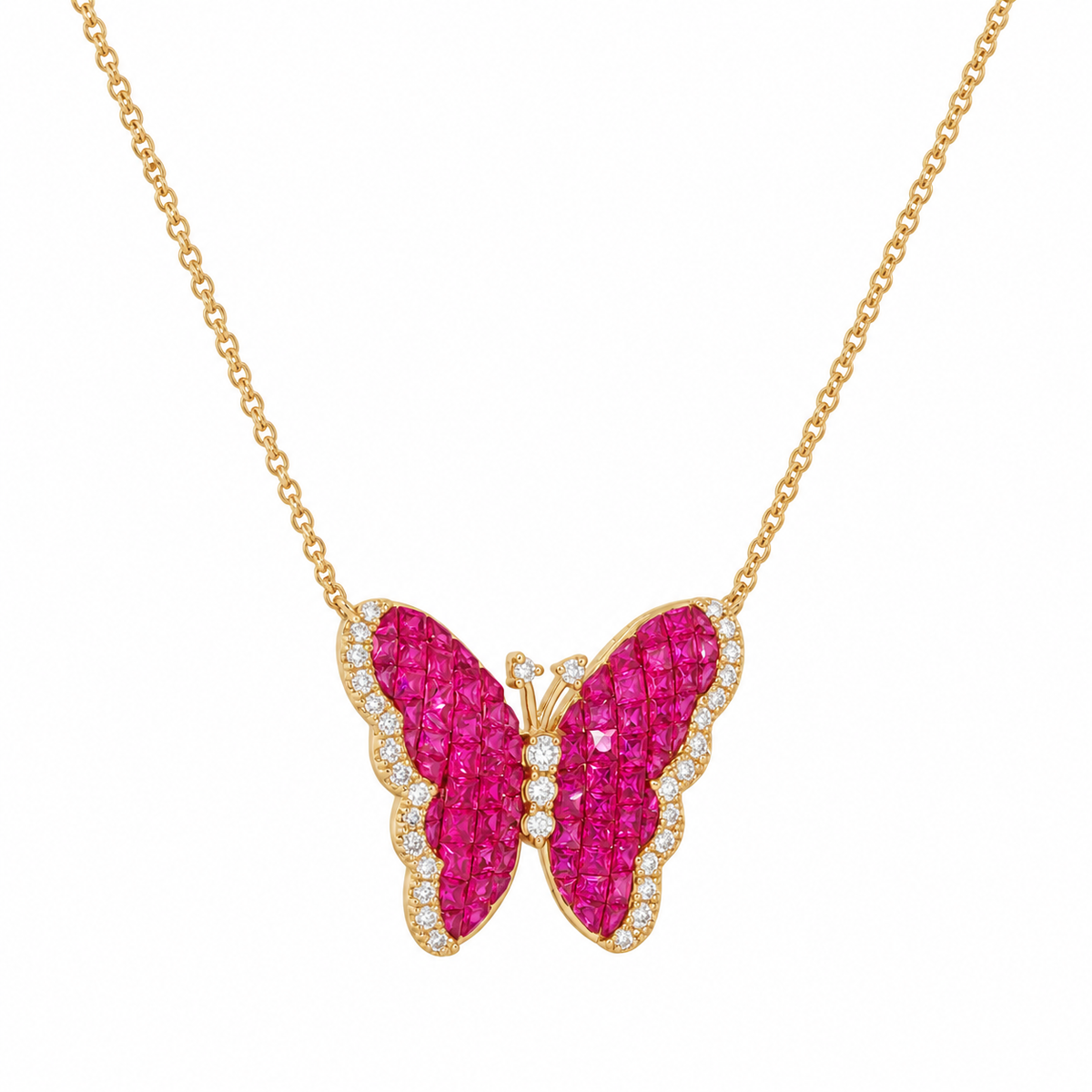 Pink Sapphire & Diamond Butterfly Necklace in 18K Yellow Gold