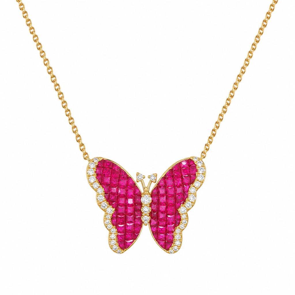 Pink Sapphire & Diamond Butterfly Necklace in 18K Yellow Gold