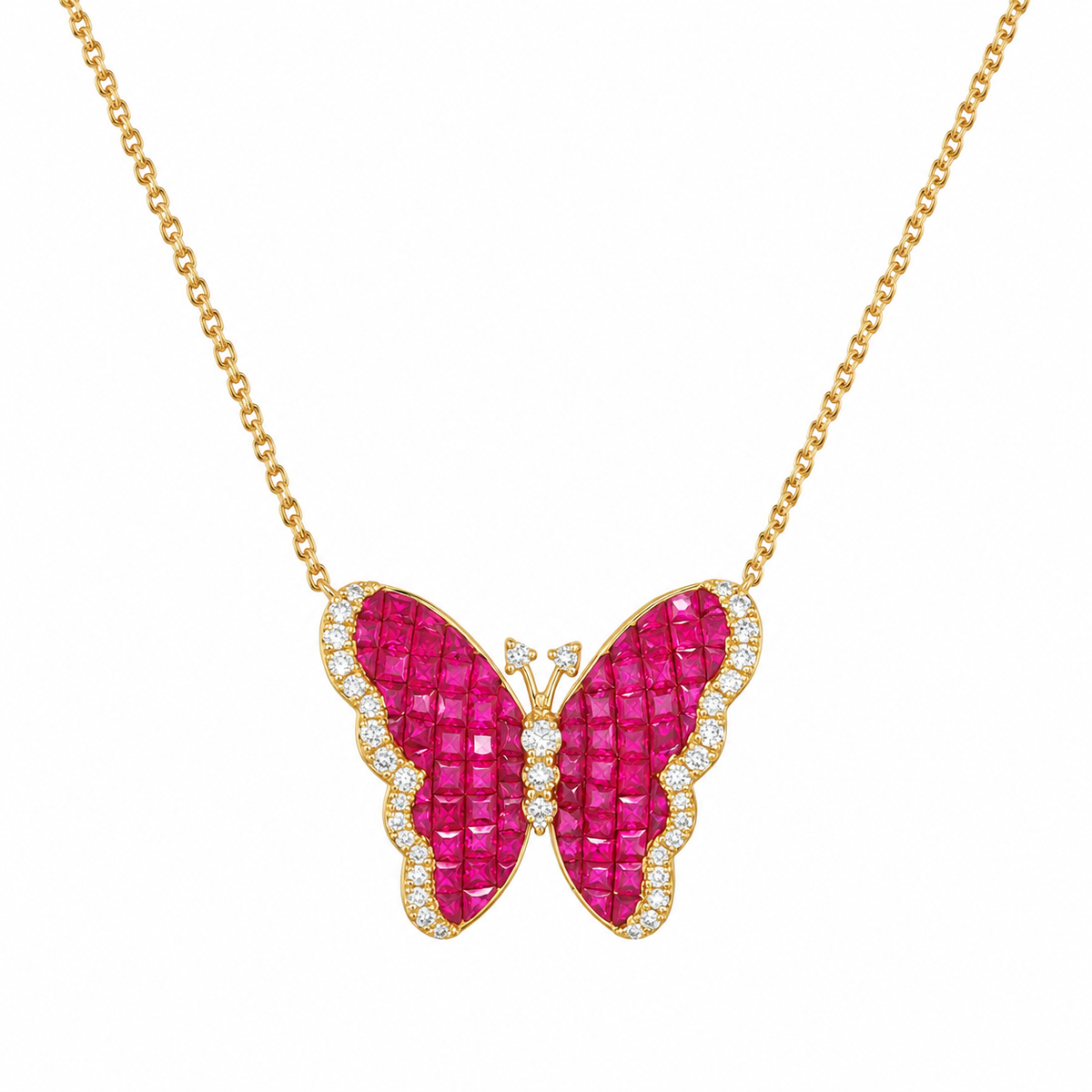 Pink Sapphire & Diamond Butterfly Necklace in 18K Yellow Gold
