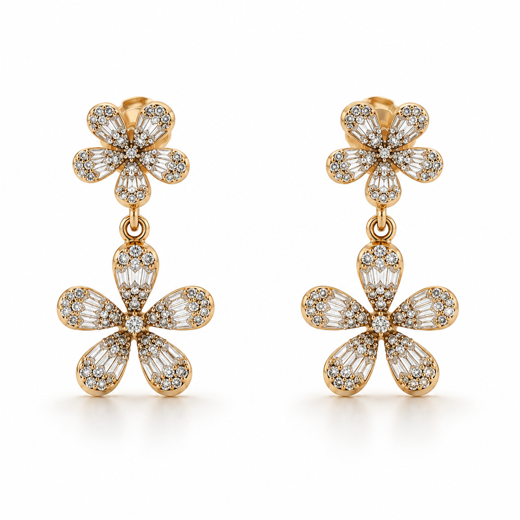 Diamond Floral Drop Earrings in 14k Yellow Gold