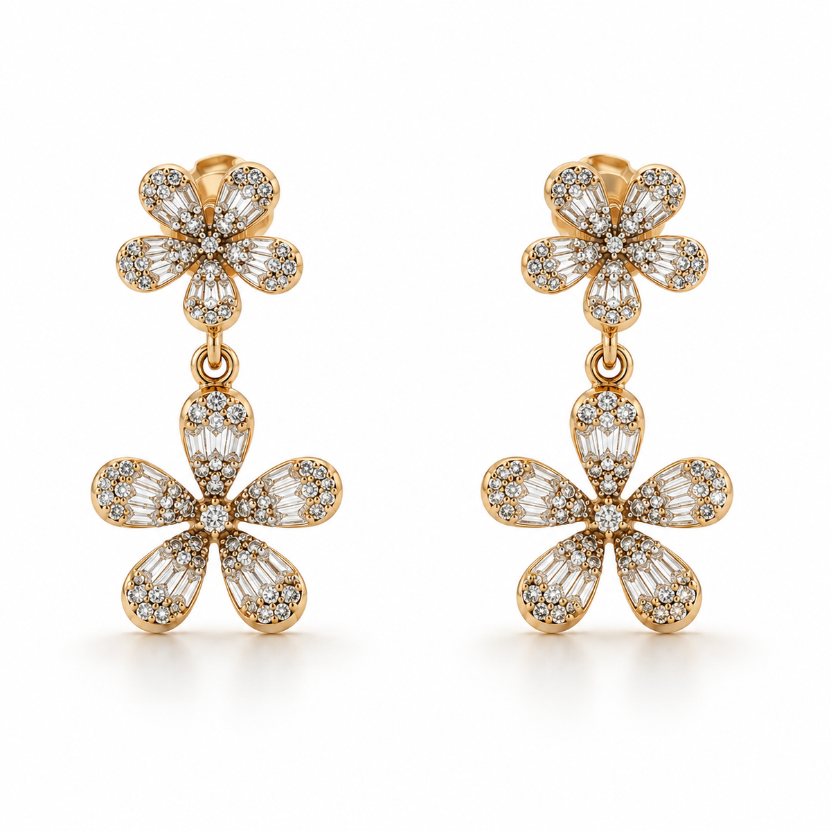 Diamond Floral Drop Earrings in 14k Yellow Gold