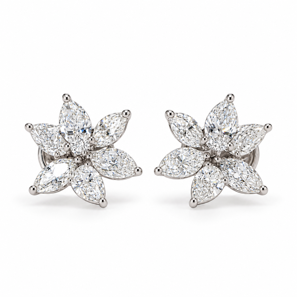 Diamond Floral Cluster Earrings in White Gold