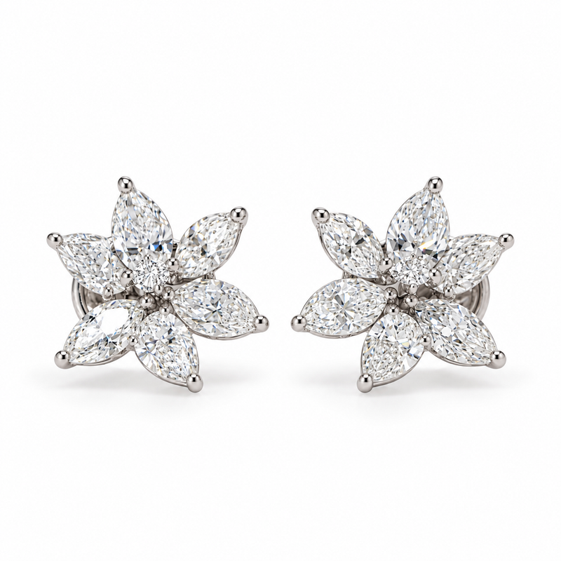 Diamond Floral Cluster Earrings in White Gold