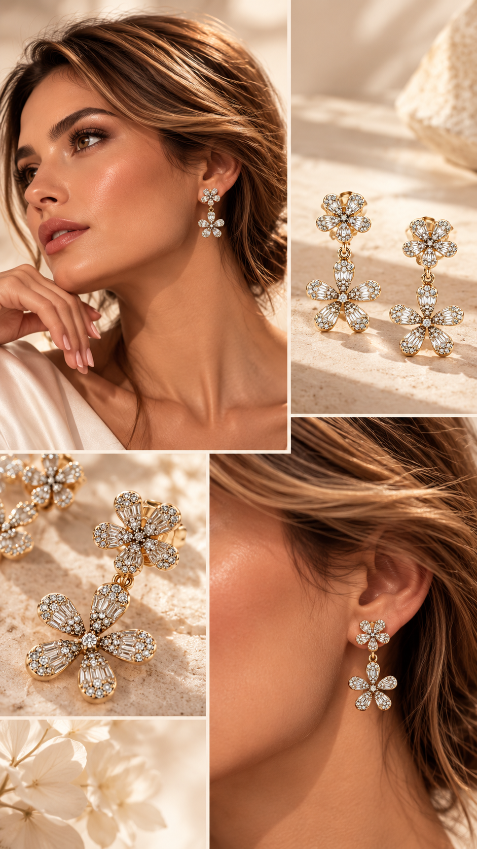 Diamond Floral Drop Earrings in 14k Yellow Gold