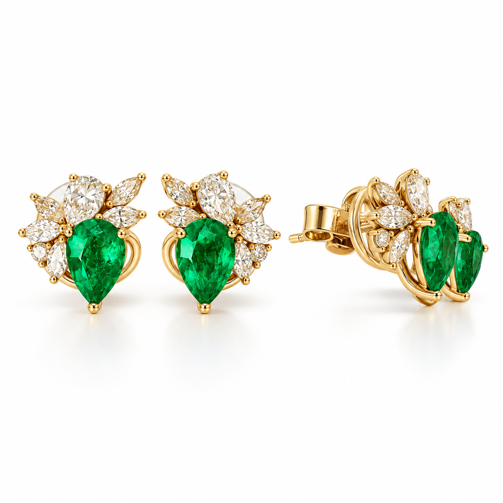 Yellow Gold Pear Cut Emerald Earrings