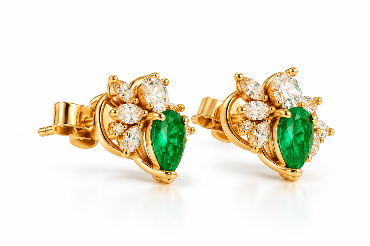Yellow Gold Pear Cut Emerald Earrings