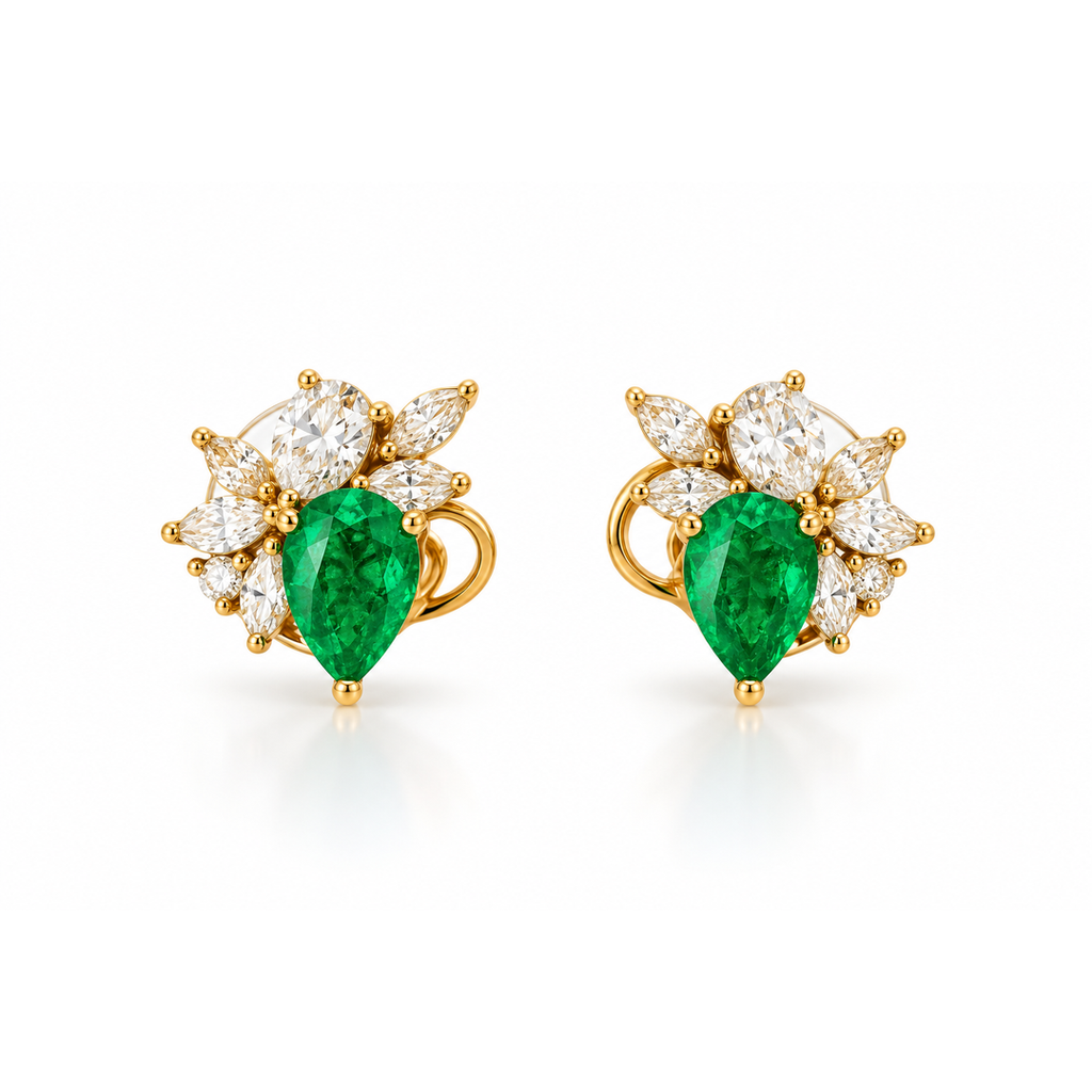 Yellow Gold Pear Cut Emerald Earrings
