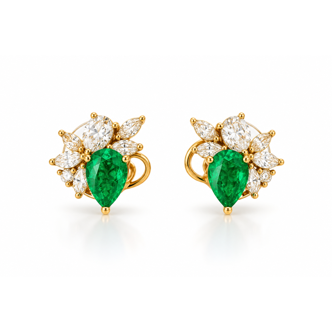 Yellow Gold Pear Cut Emerald Earrings