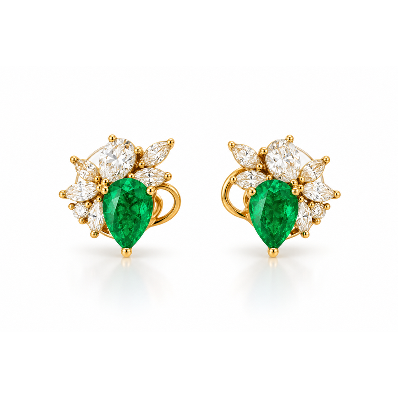 Yellow Gold Pear Cut Emerald Earrings
