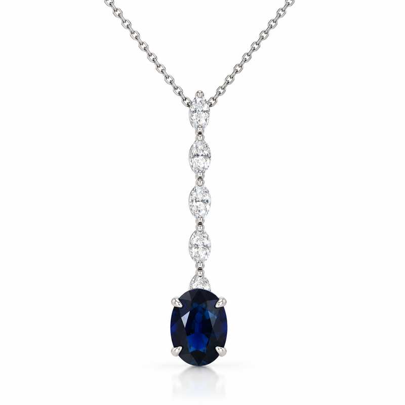 White Gold Royal Blue Sapphire and Diamond Drop Necklace