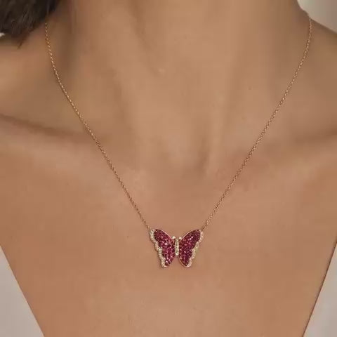 Pink Sapphire & Diamond Butterfly Necklace in 18K Yellow Gold