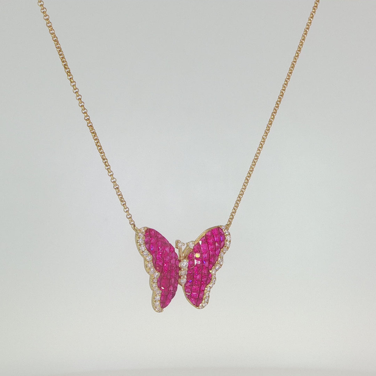 Pink Sapphire & Diamond Butterfly Necklace in 18K Yellow Gold