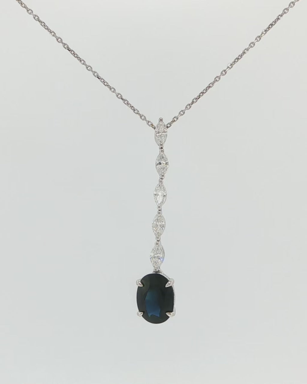 White Gold Royal Blue Sapphire and Diamond Drop Necklace