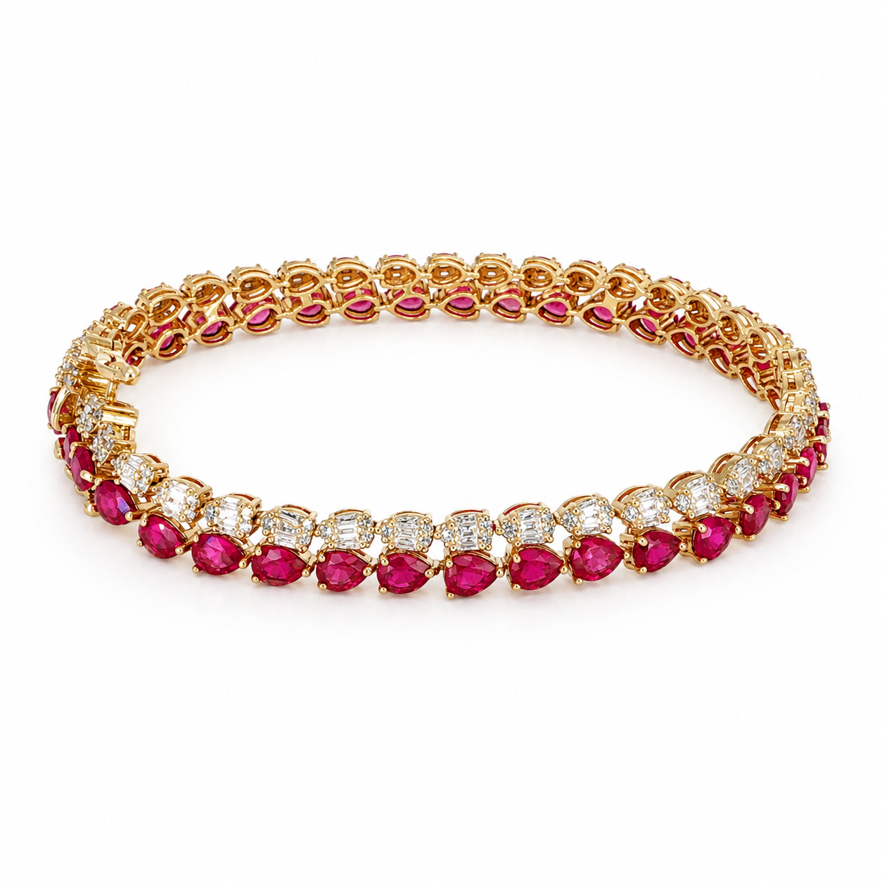A gold tennis bracelet featuring round-cut pinkish-red rubies and rows of clear round and marquise-cut stones, displayed on a clean white background.